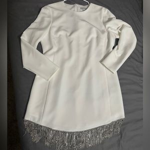 Gianni Bini sage rhinestone fringe crew neck long sleeve crepe dress